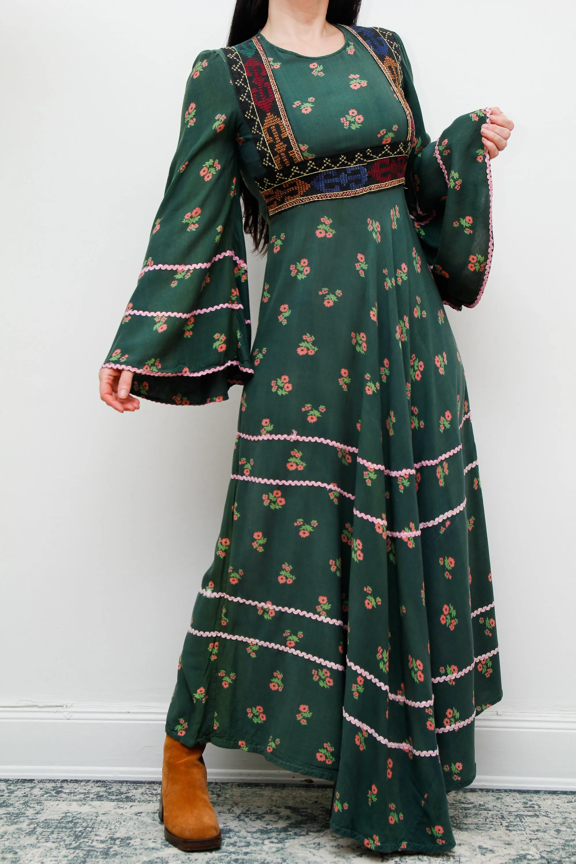 Vintage 70's Floral Afghan Kaftan Maxi Dress