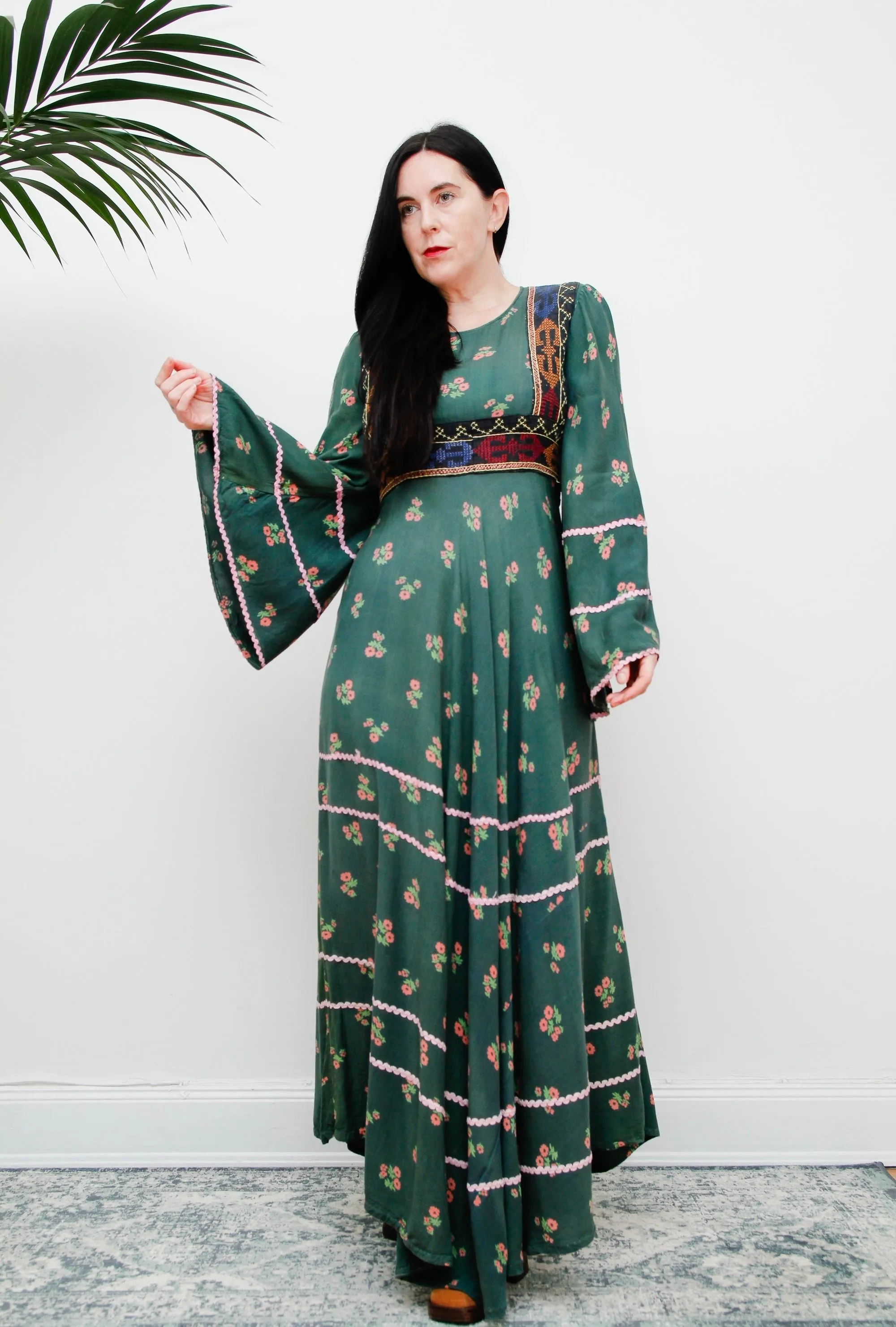 Vintage 70's Floral Afghan Kaftan Maxi Dress