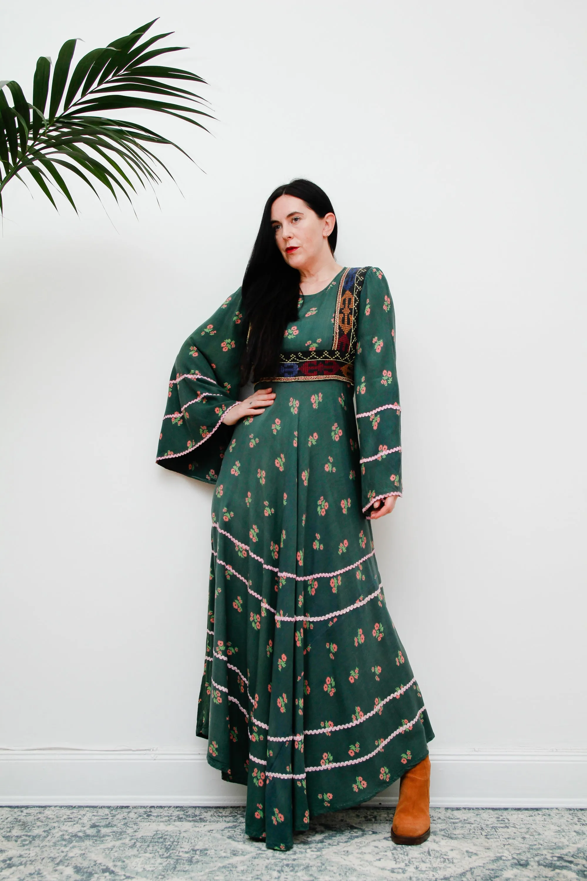 Vintage 70's Floral Afghan Kaftan Maxi Dress
