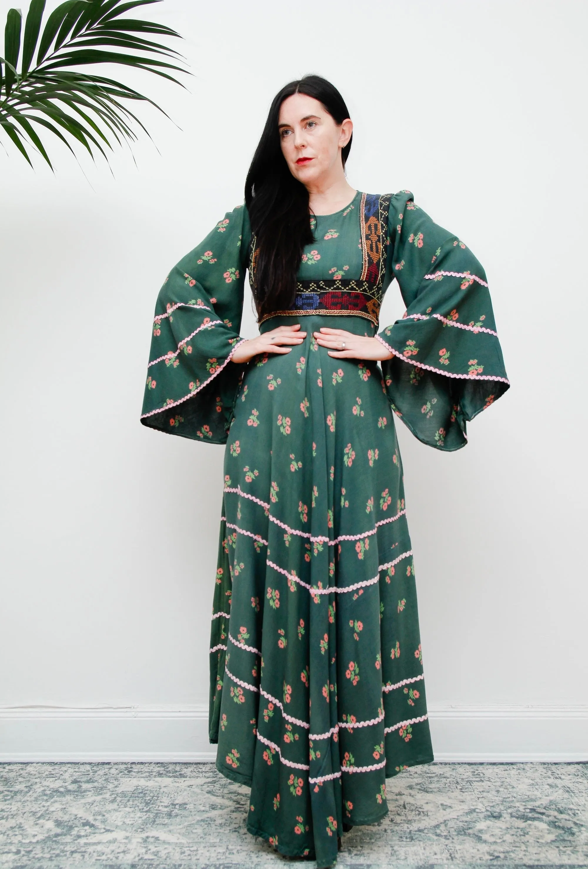 Vintage 70's Floral Afghan Kaftan Maxi Dress