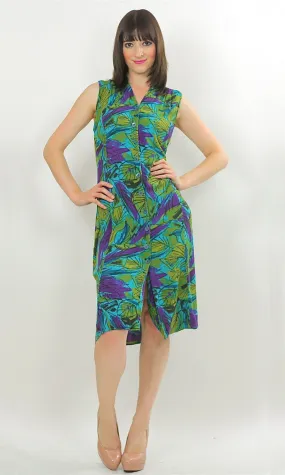 Vintage 80s Hippie Boho Tropical floral shirt dress