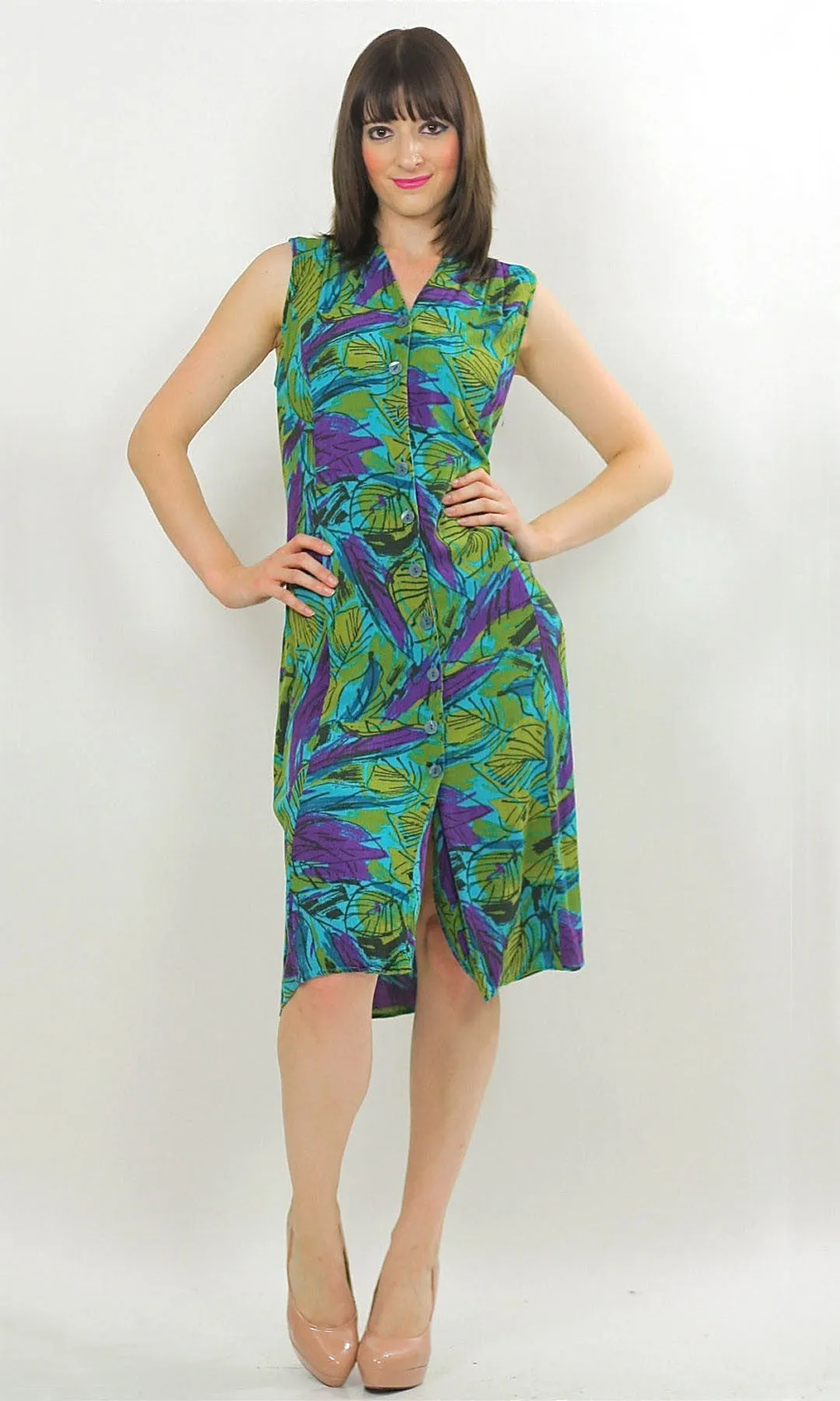 Vintage 80s Hippie Boho Tropical floral shirt dress