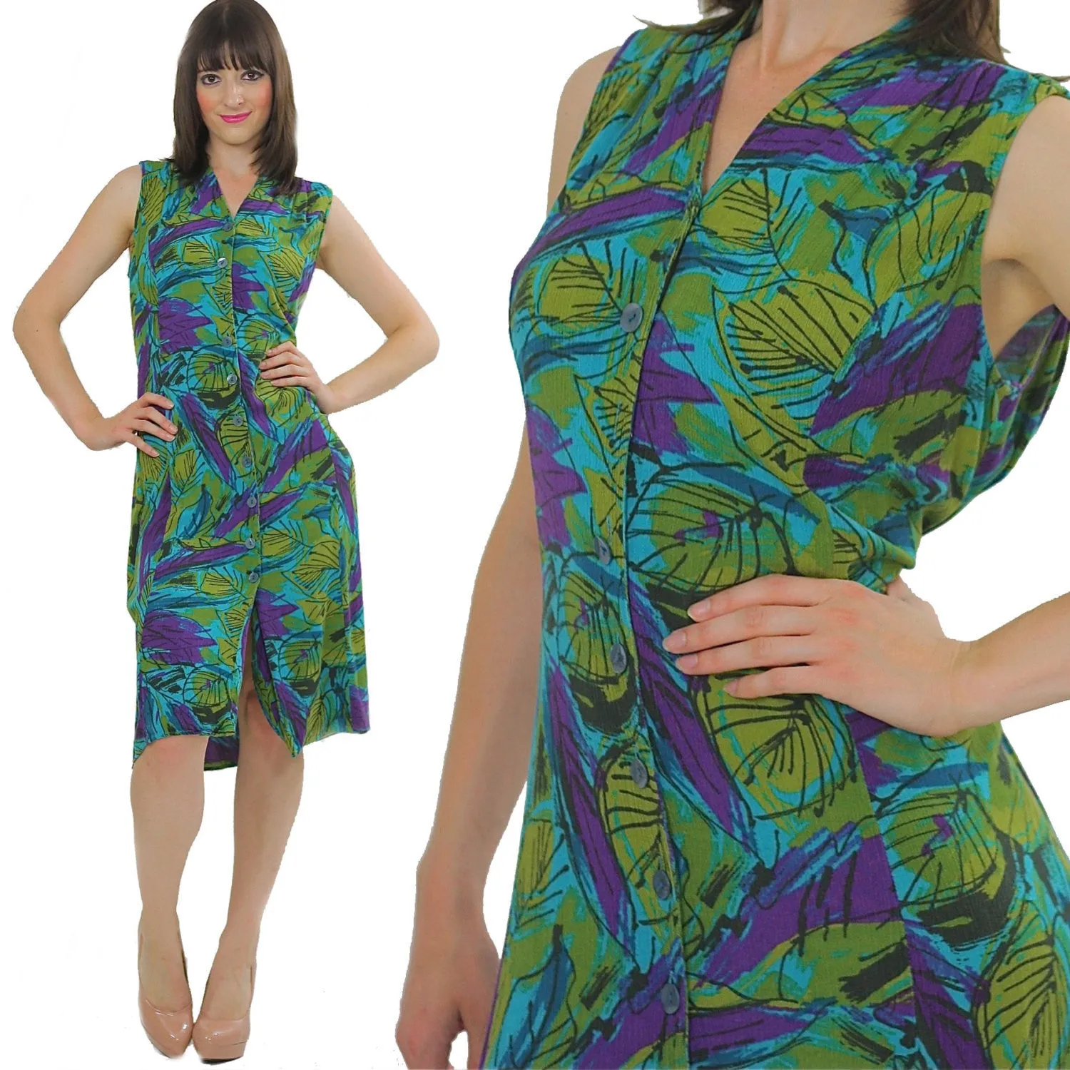 Vintage 80s Hippie Boho Tropical floral shirt dress