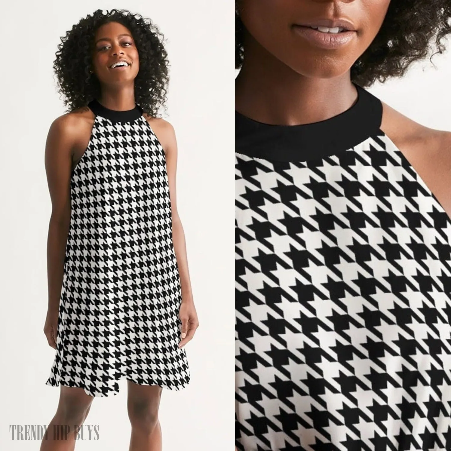 Vintage Dress Style, Houndstooth Dress, Retro Dress, Halter Dress, Black Houndstooth Dress, 60s Dress Style, Womens Dresses