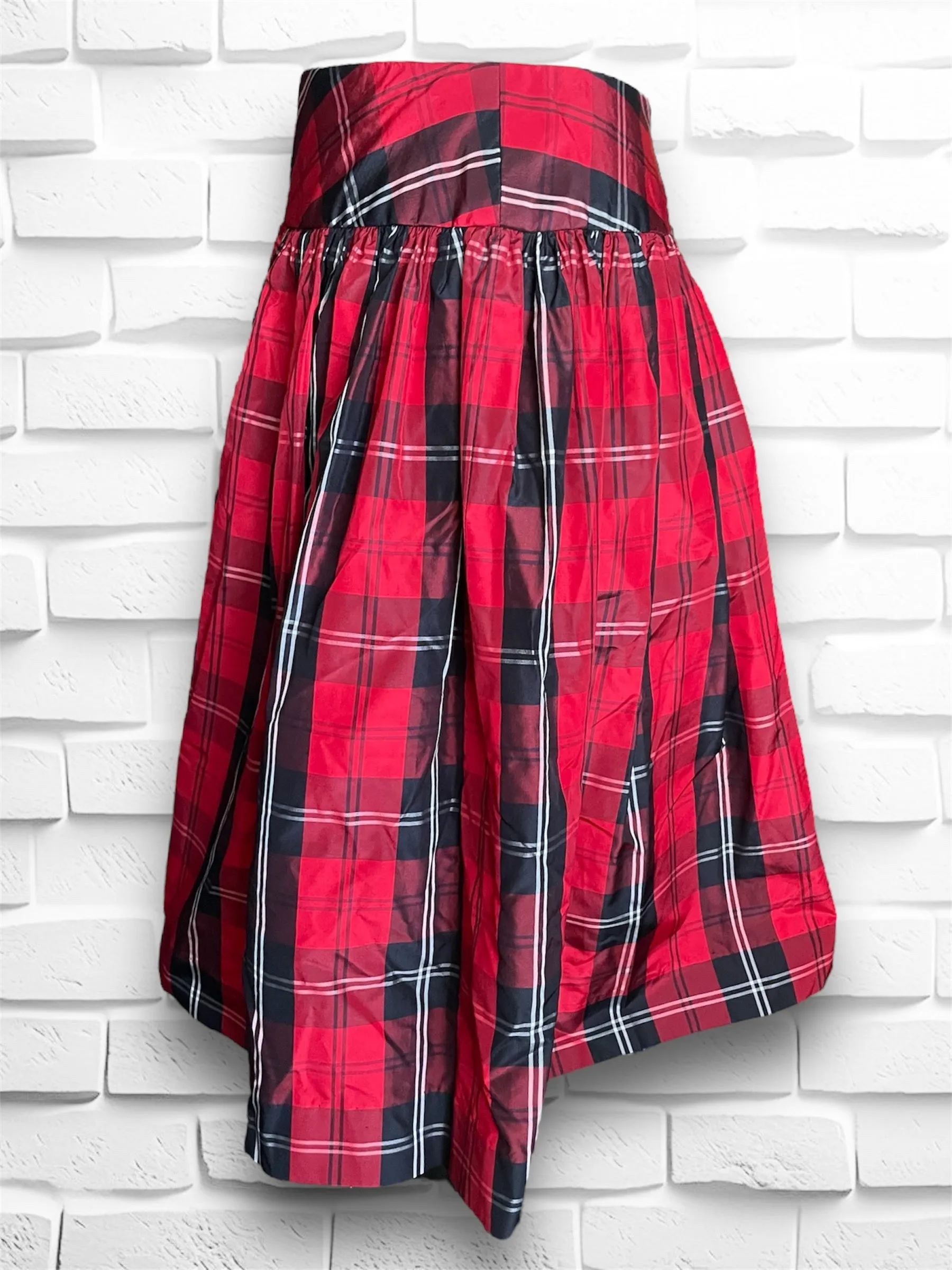 Vintage Red, Black & White Plaid Full Mid-Calf Holiday Silk Skirt