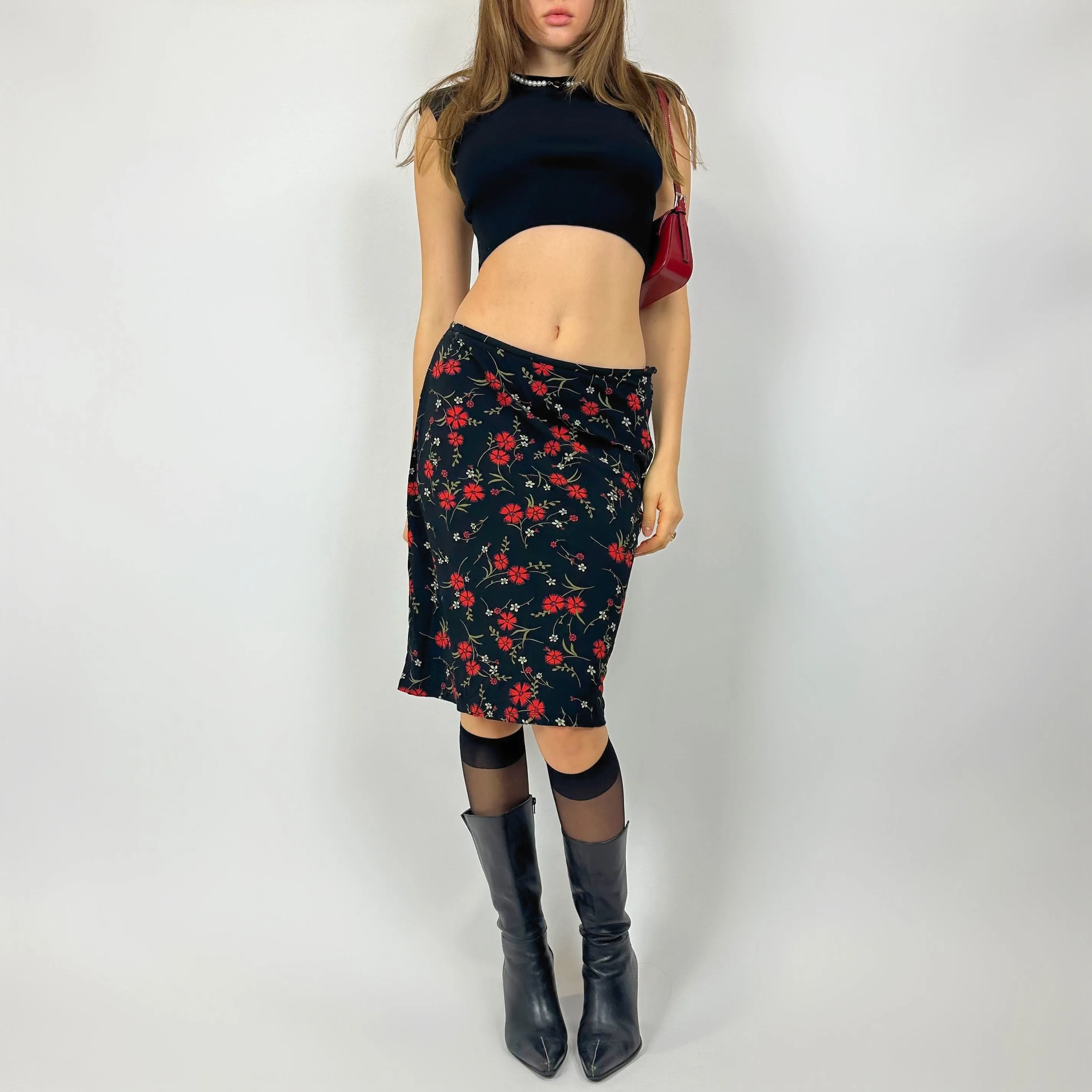 Vintage Slinky Red Floral Midi Skirt (s/m)