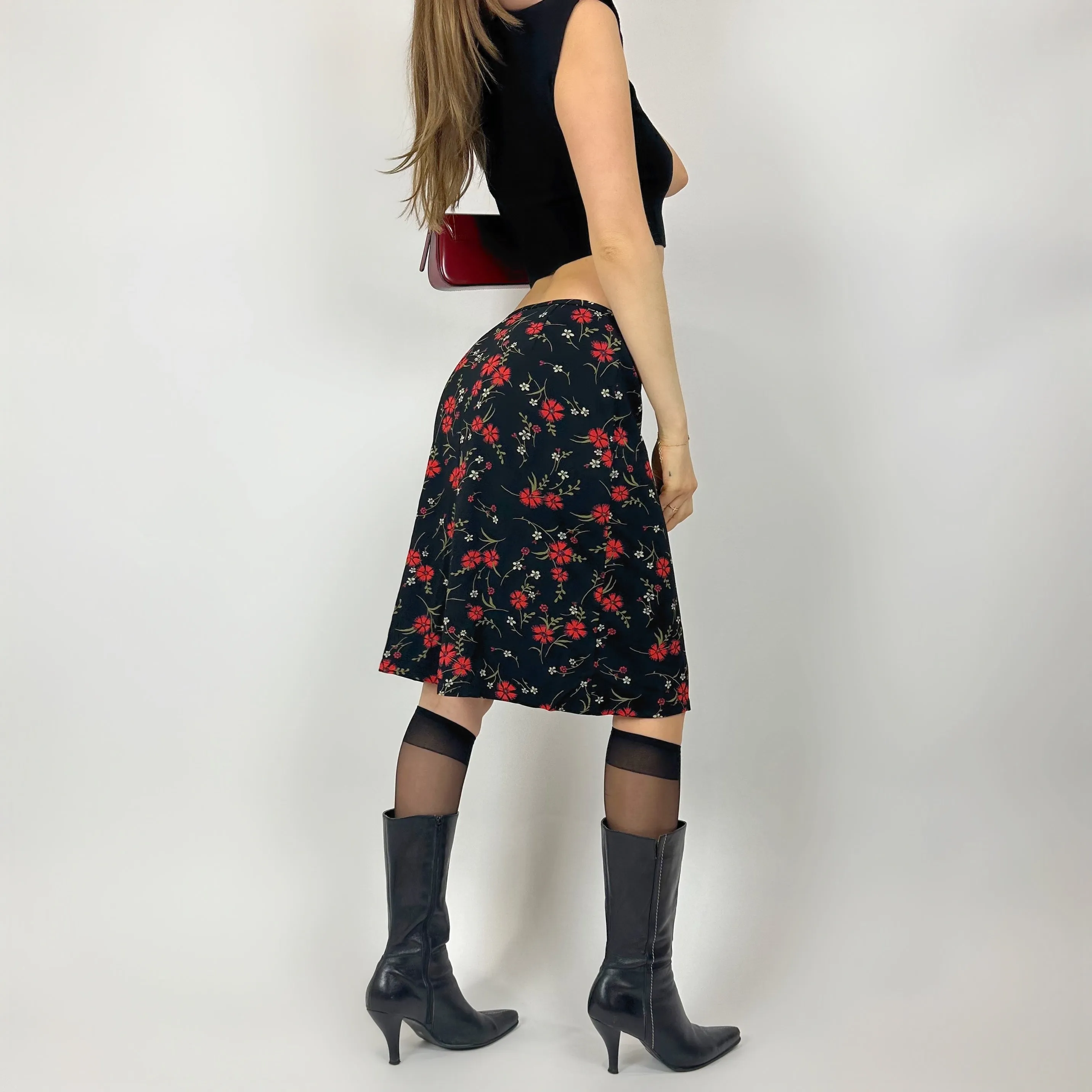 Vintage Slinky Red Floral Midi Skirt (s/m)