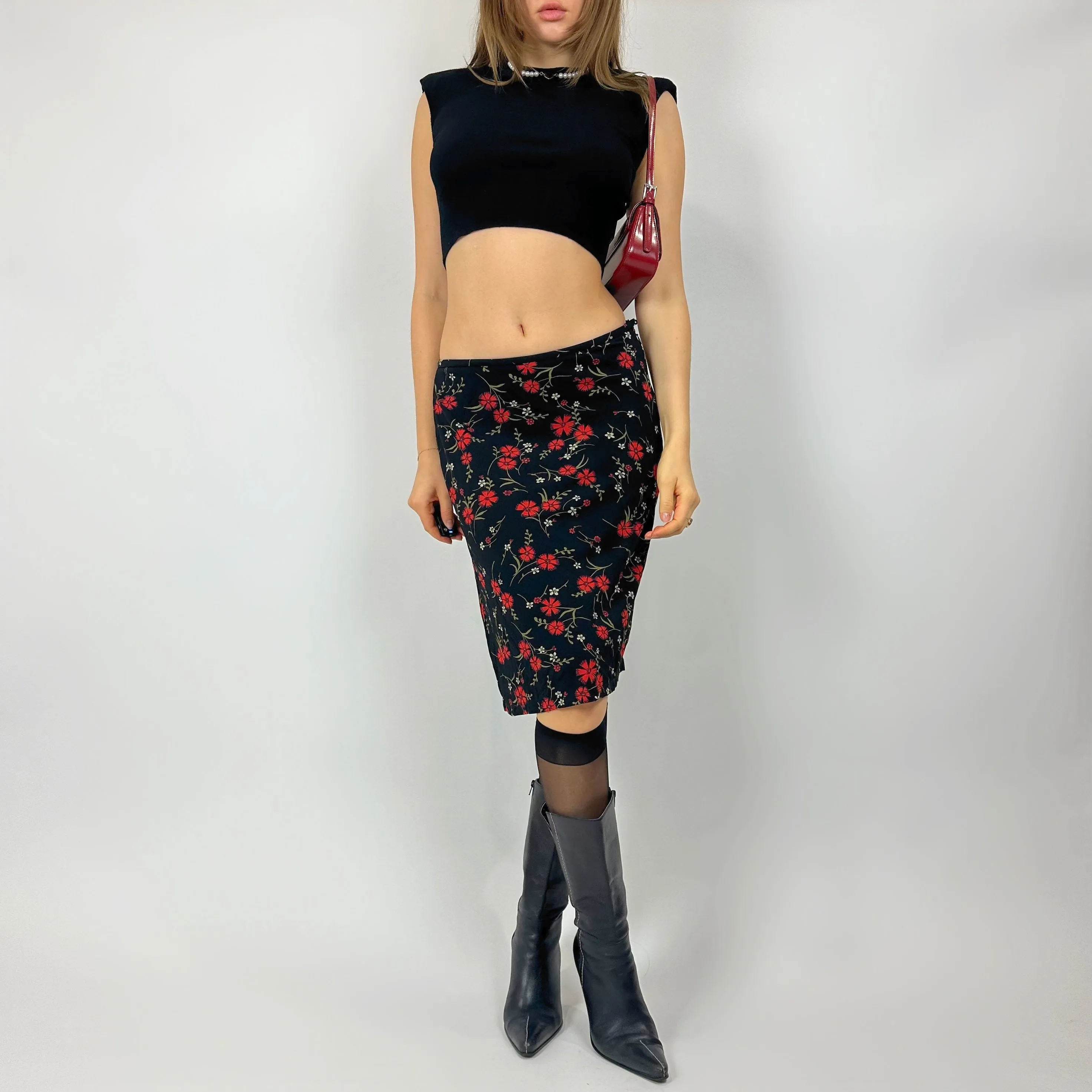 Vintage Slinky Red Floral Midi Skirt (s/m)