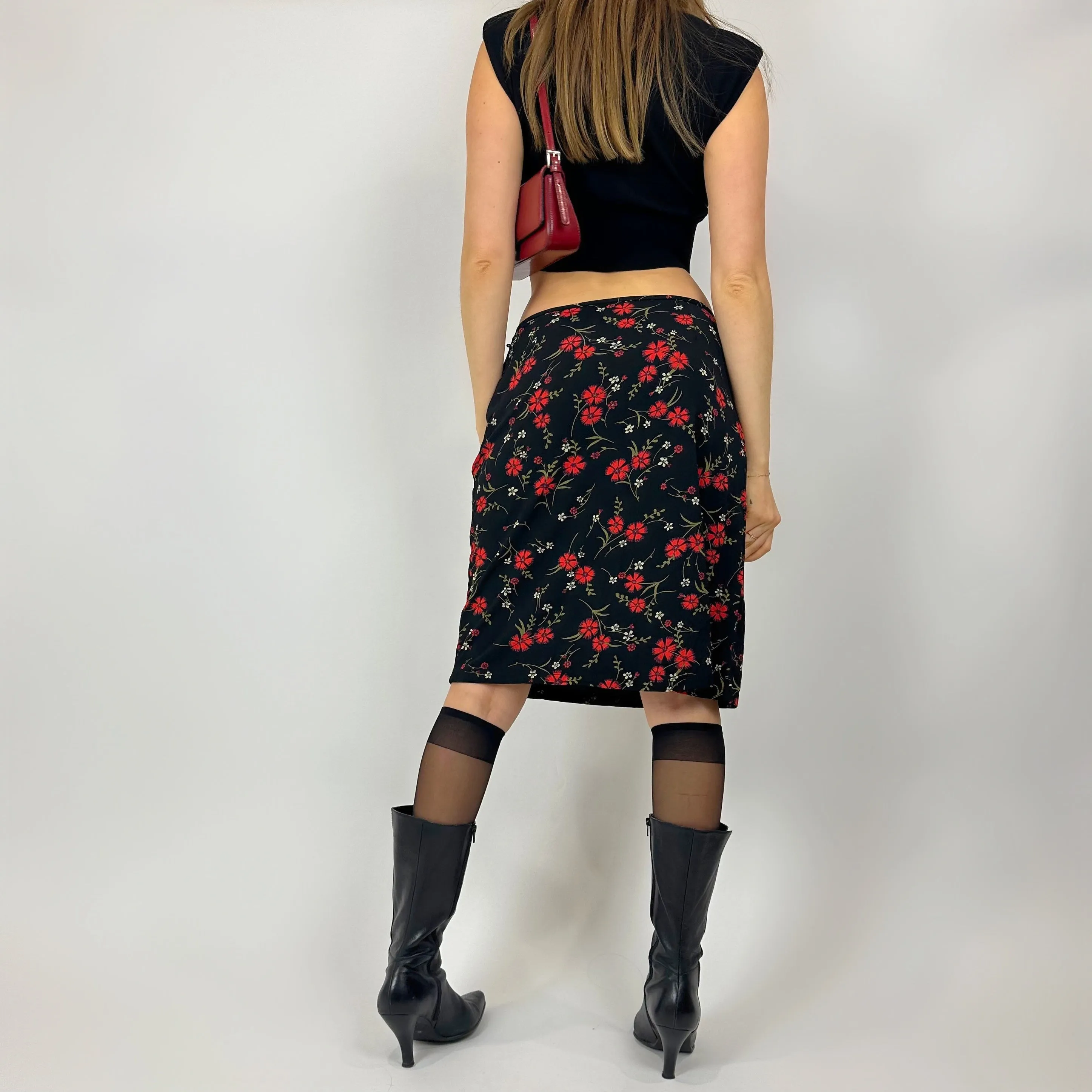 Vintage Slinky Red Floral Midi Skirt (s/m)