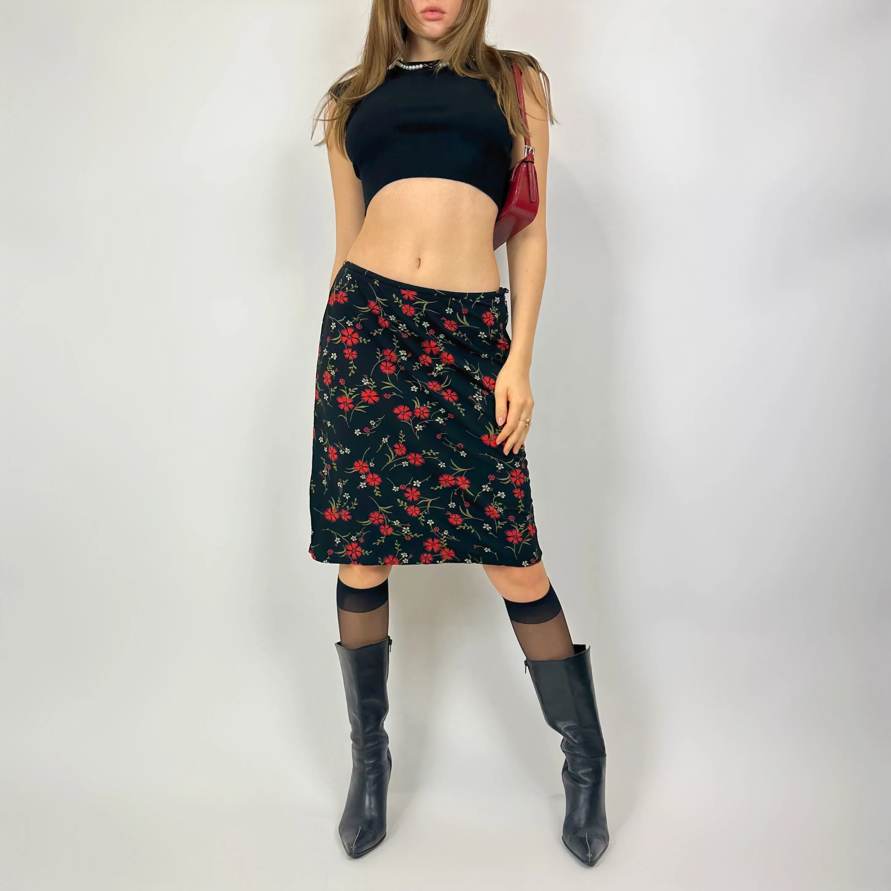 Vintage Slinky Red Floral Midi Skirt (s/m)