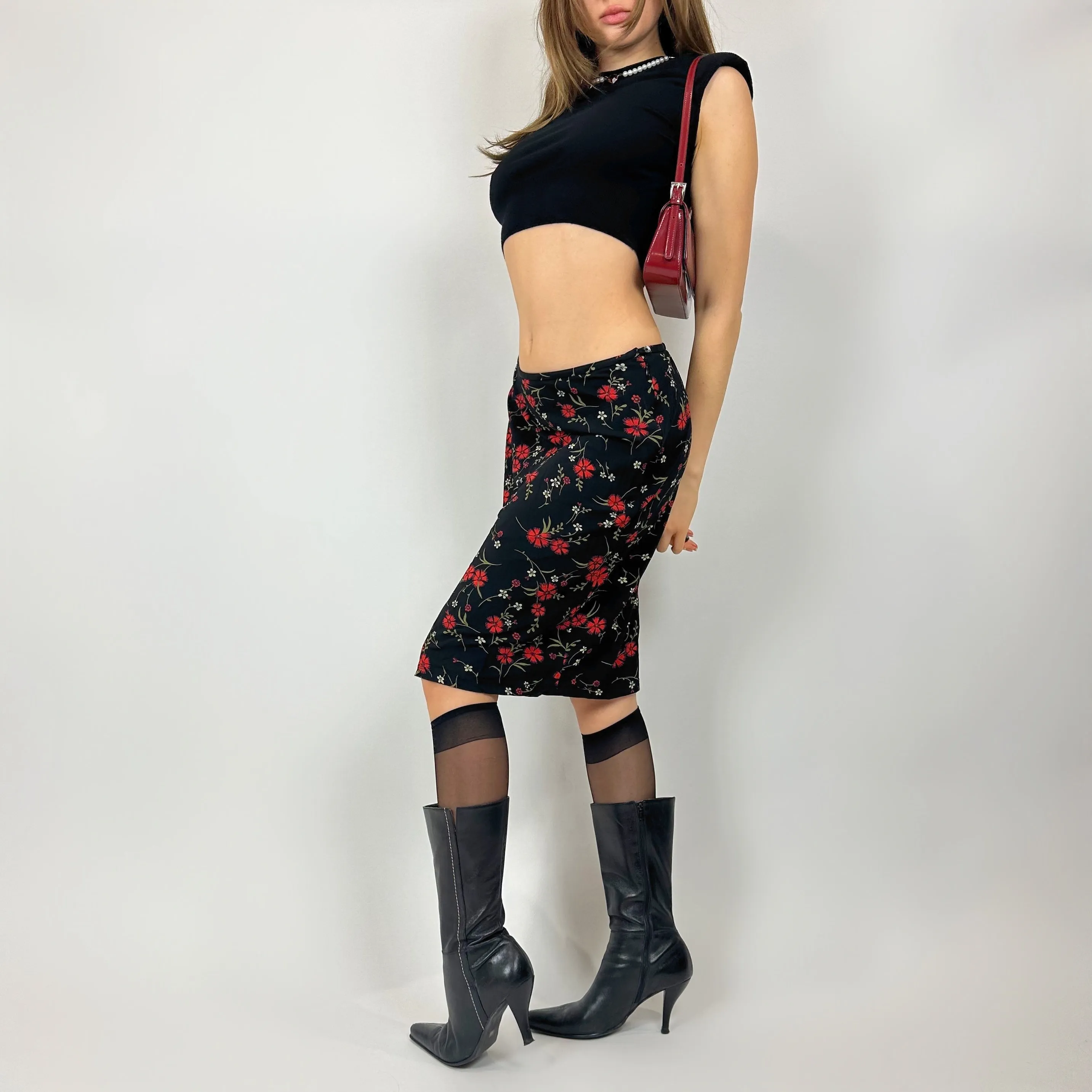 Vintage Slinky Red Floral Midi Skirt (s/m)