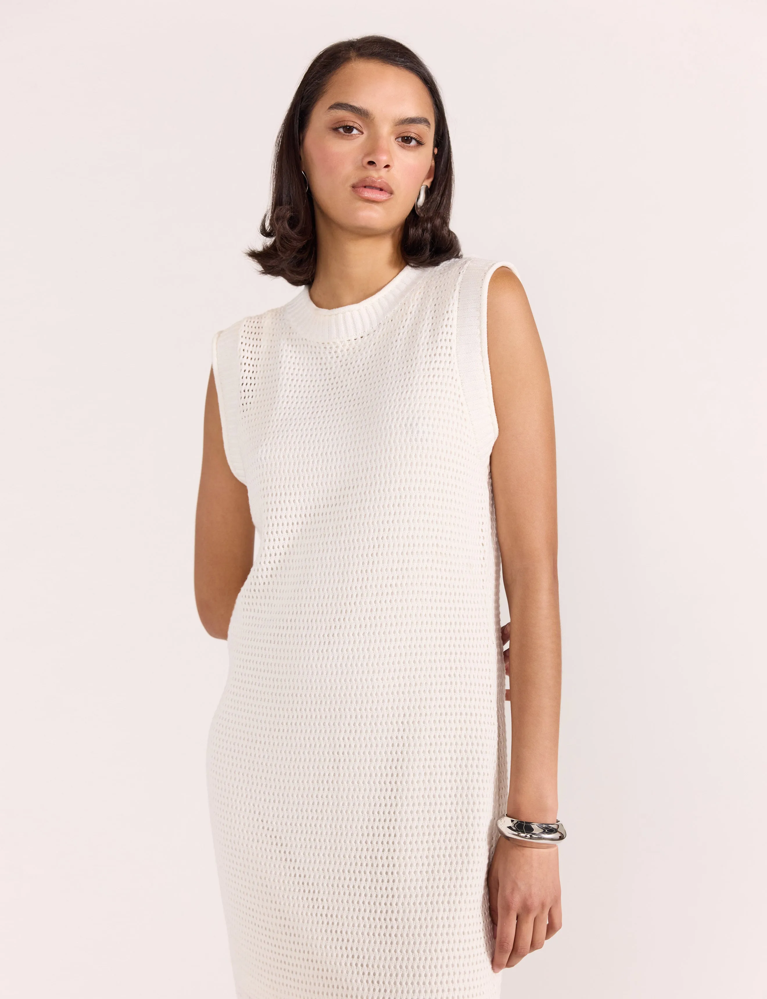 Wave Open Knit Midi Dress - White