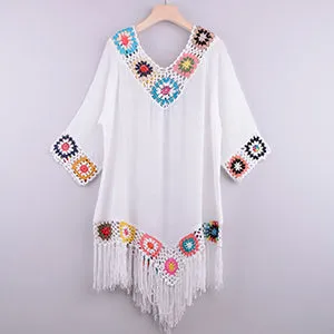 White Bikini Cover Up With Fringe Trim Women Hollow Tunic Beach Dress Summer Bathing Suit Beachwear