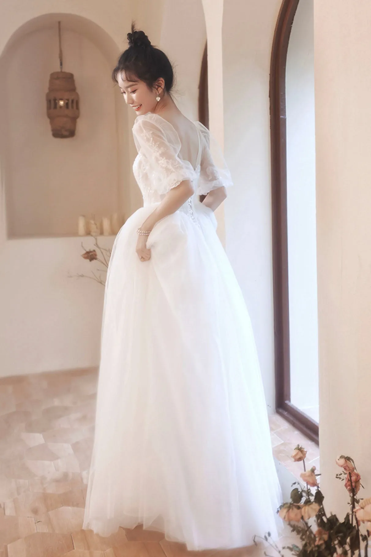 White Puff Sleeves Tulle Party Dress, A-Line Lace Scoop Neckline Evening Dress