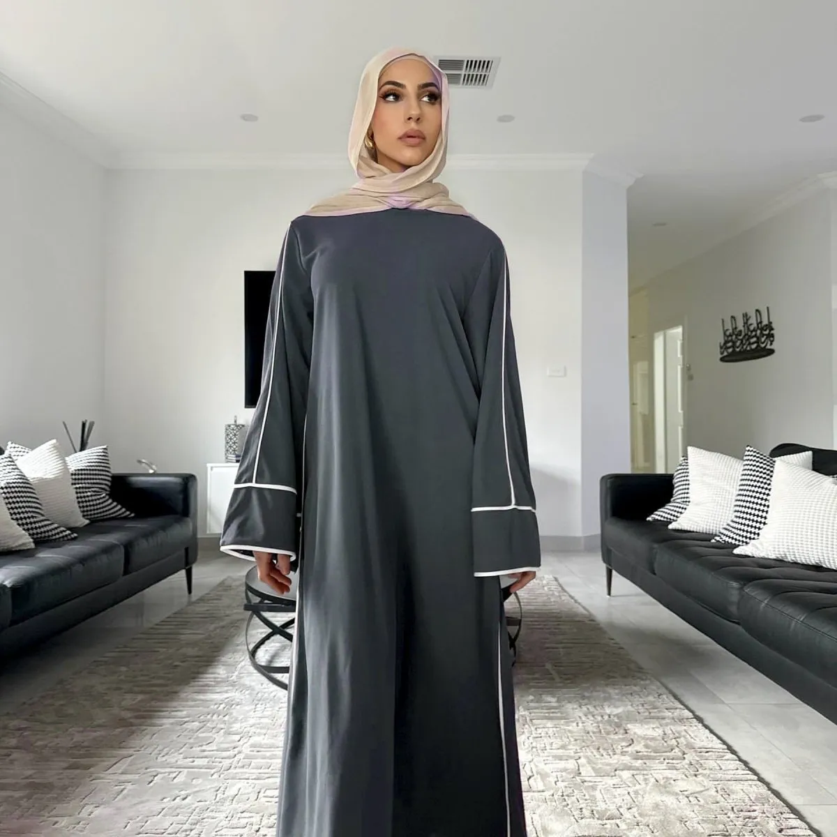 White Trimmed Velvet Abaya (MA115)