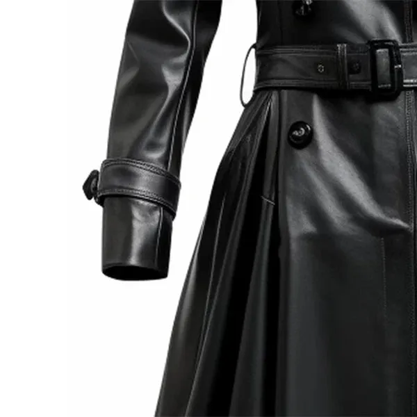 Women's Black Bravura Long Designer Leather Coat