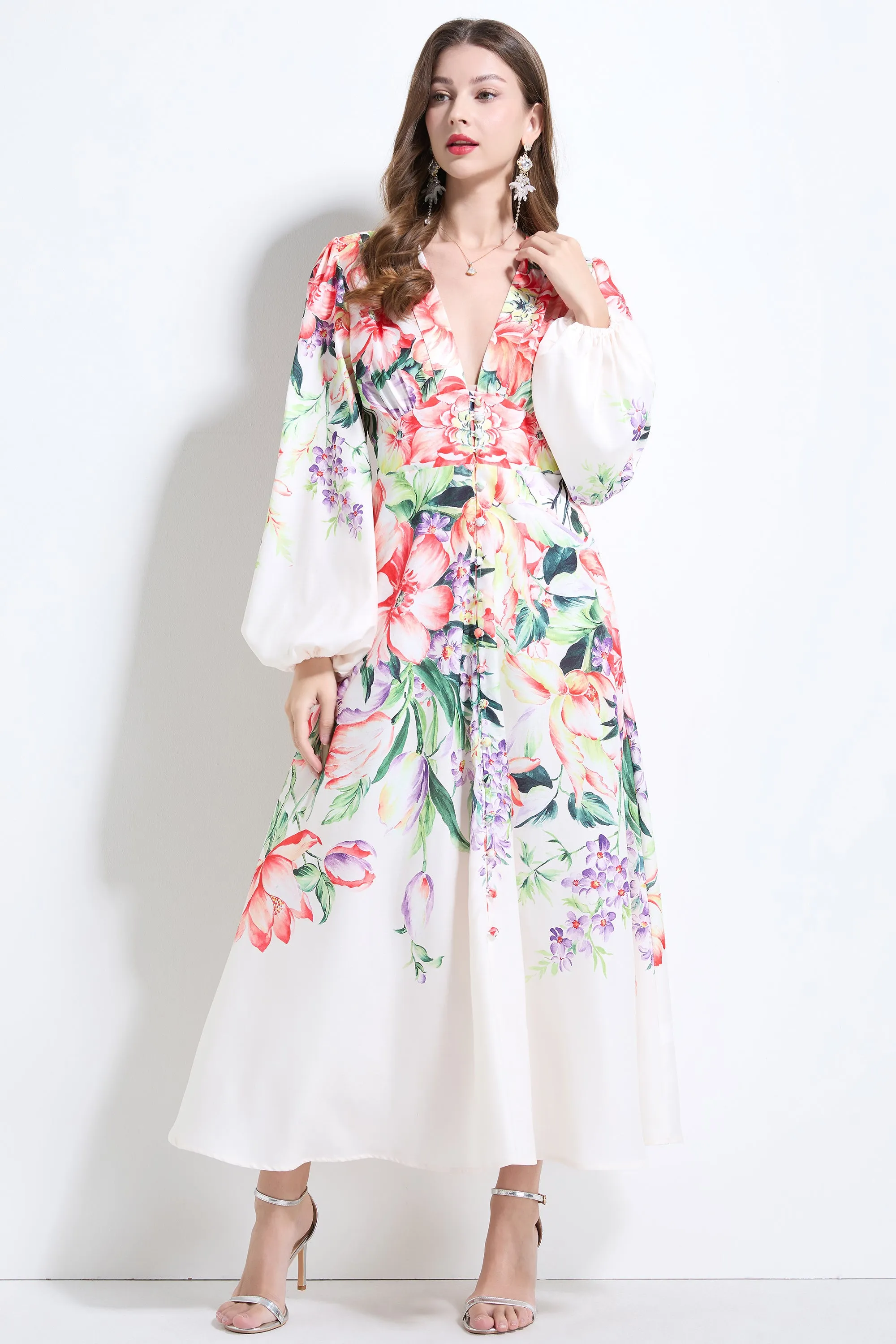 Women's Floral Print Button Front V Neck Maxi Dress