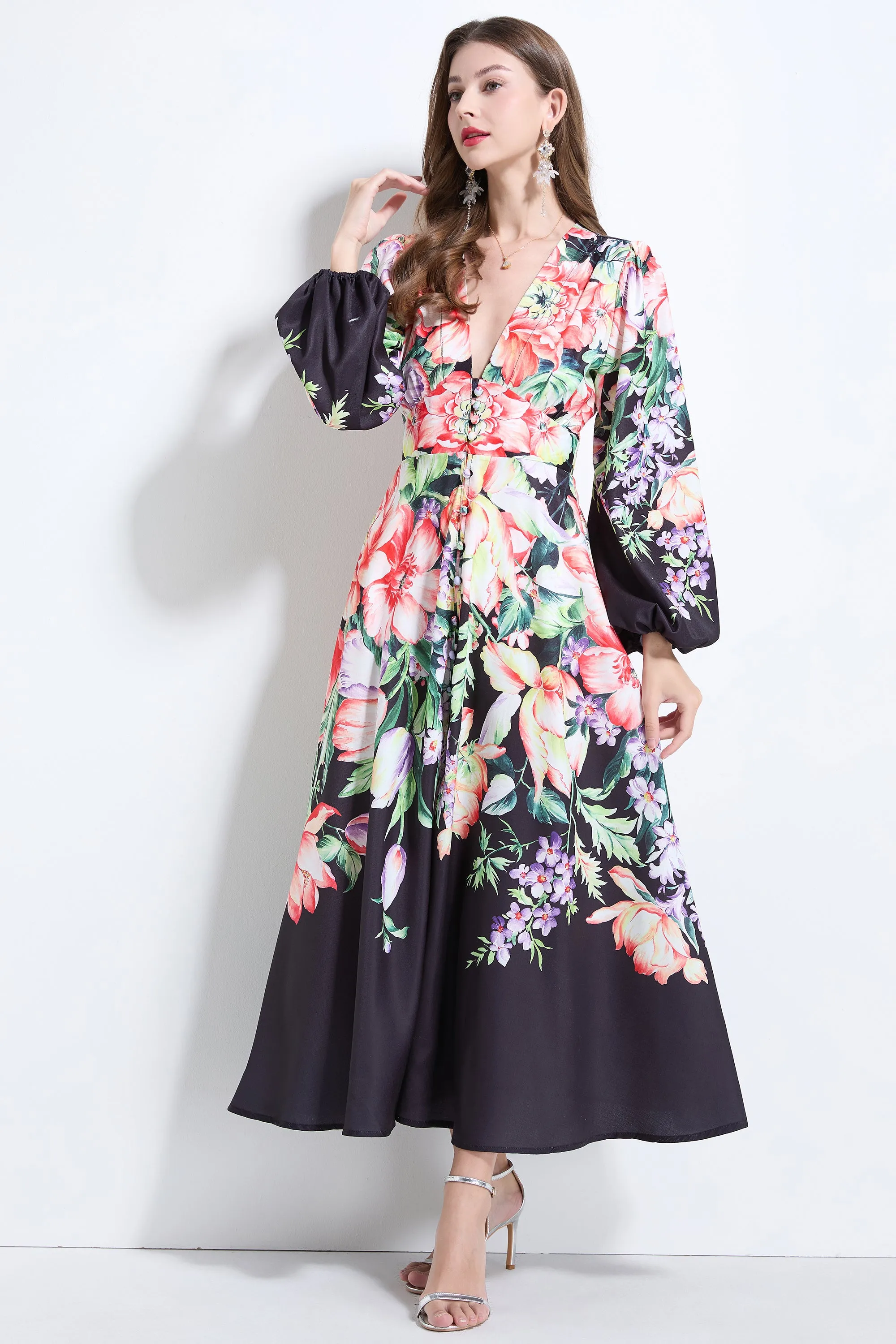 Women's Floral Print Button Front V Neck Maxi Dress