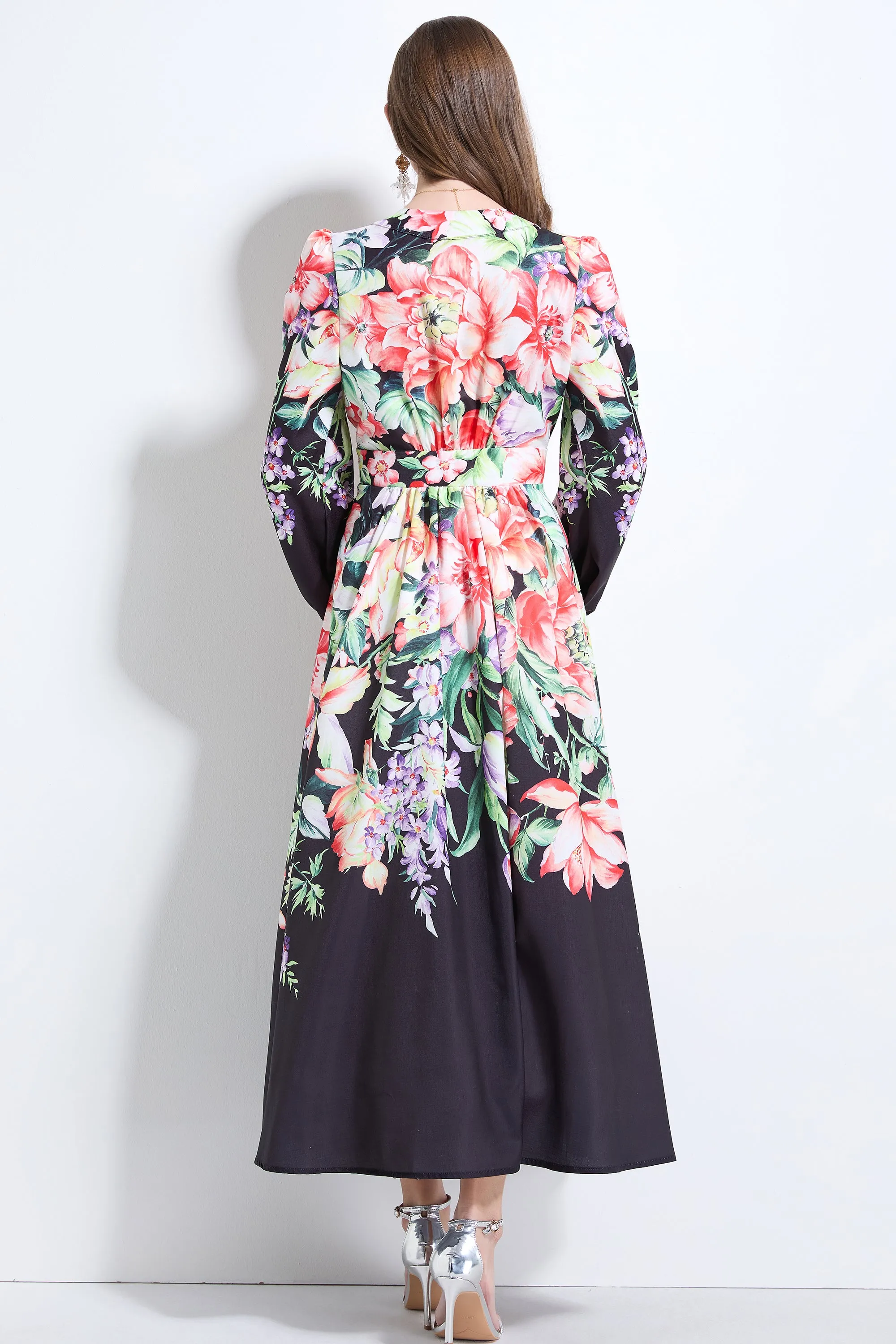 Women's Floral Print Button Front V Neck Maxi Dress