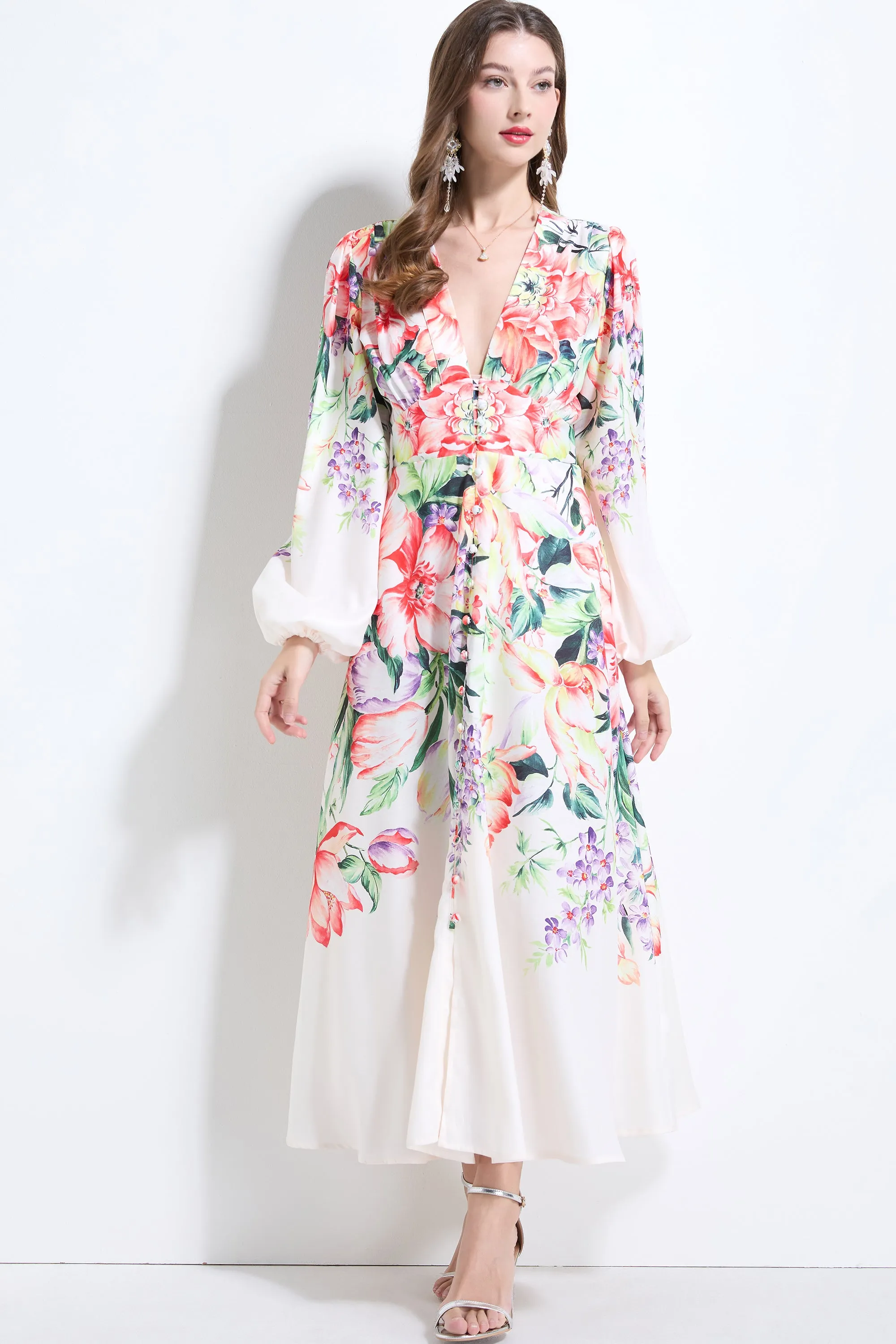 Women's Floral Print Button Front V Neck Maxi Dress