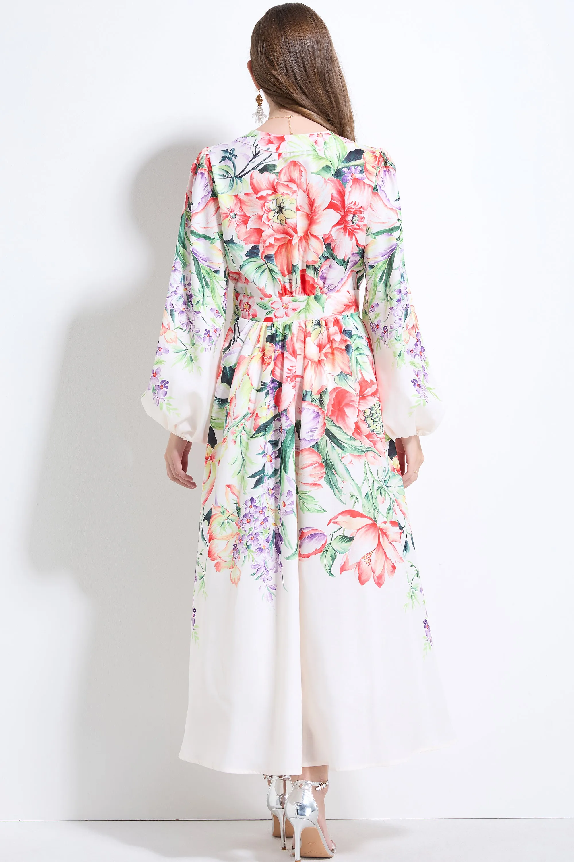 Women's Floral Print Button Front V Neck Maxi Dress