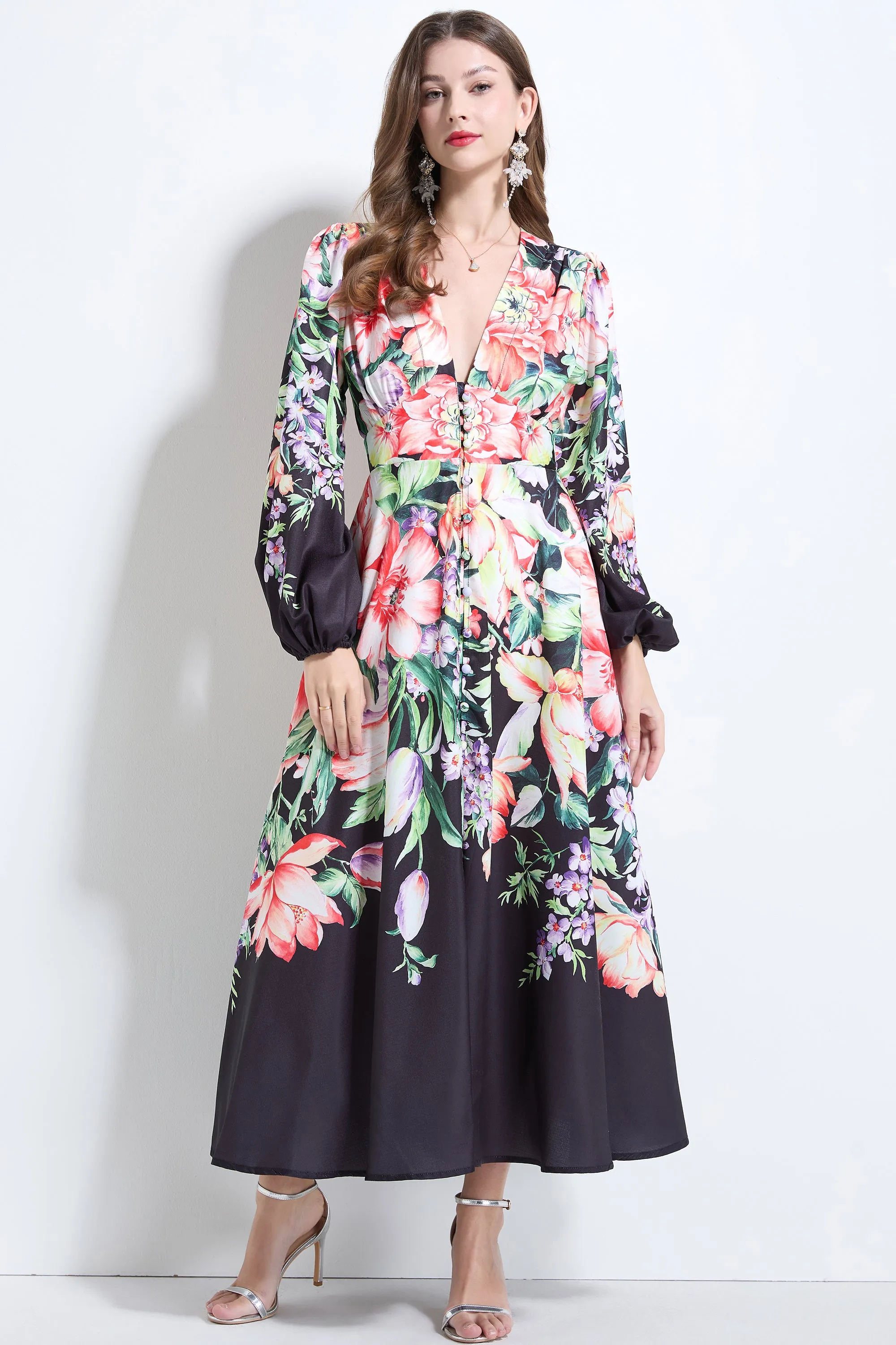 Women's Floral Print Button Front V Neck Maxi Dress