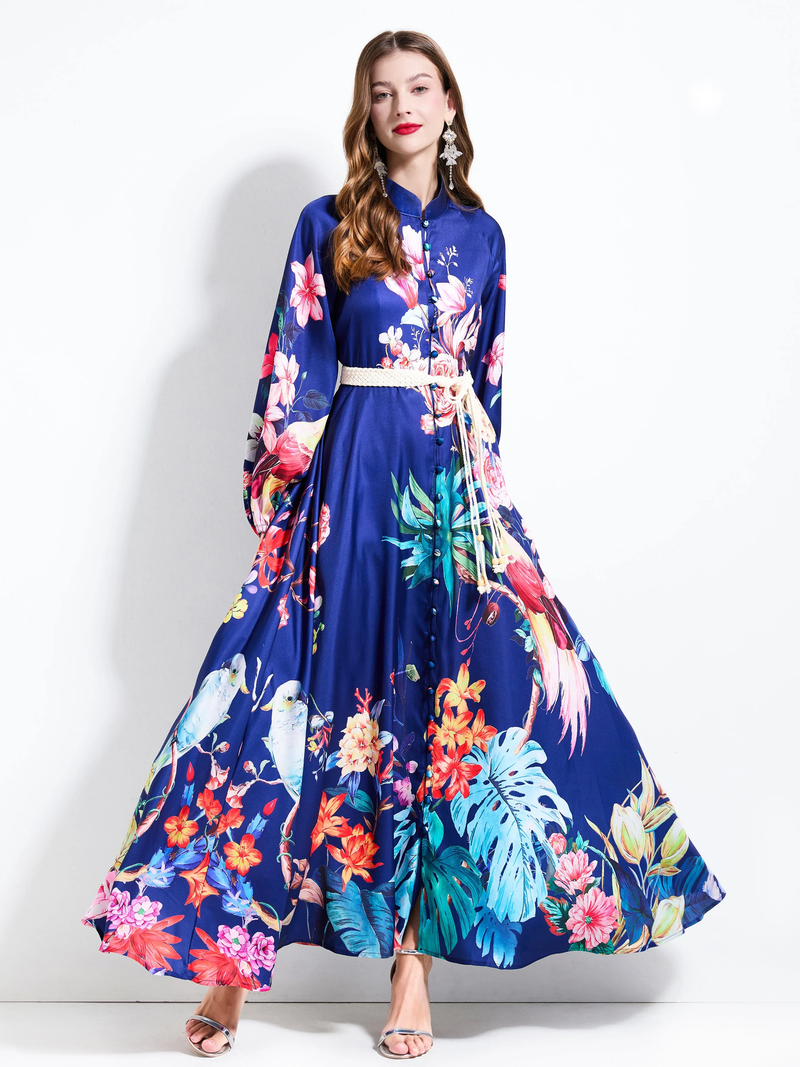 Women's Floral Print Puff Sleeve Split Maxi Dress