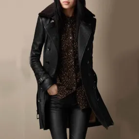Women's Leather Trench Coat | Shearling Collar