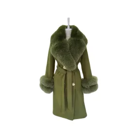 Women's PISTACHIO  Wool Coat with detachable Fox Collar and Cuffs  Trimmed Hood Style # K-10