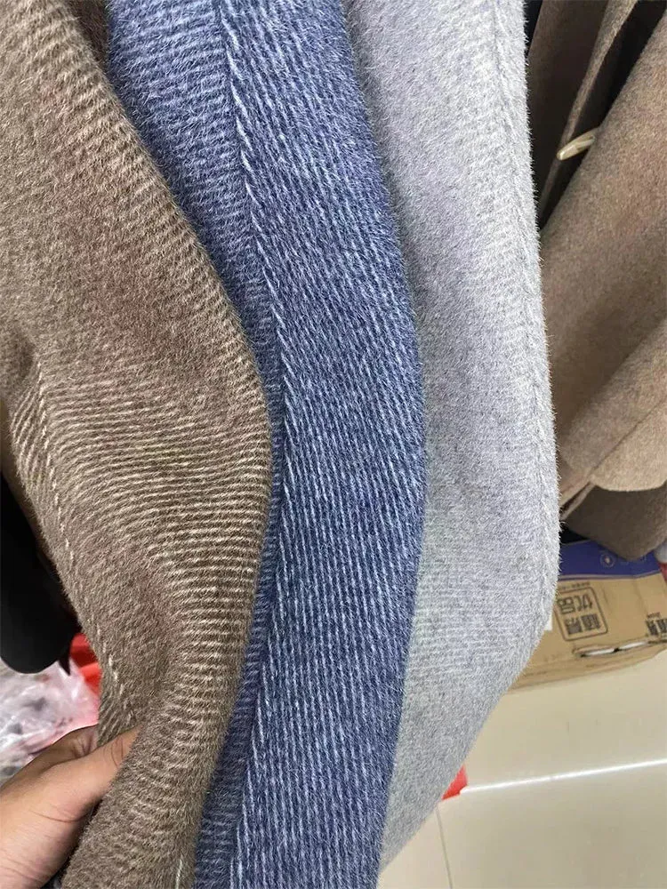 xakxx-New High-end Women Wool Herringbone Loose Double-sided Wool Coat Temperament Handmade Natural Wool Fashion Jacket Autumn Winter