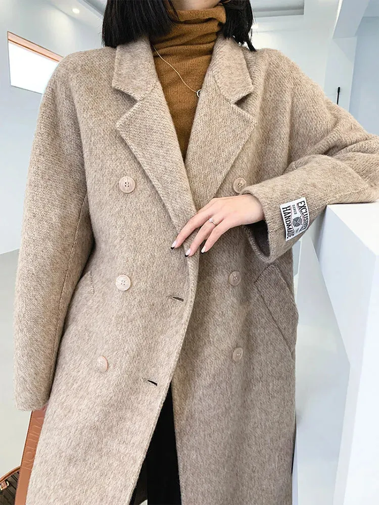 xakxx-New High-end Women Wool Herringbone Loose Double-sided Wool Coat Temperament Handmade Natural Wool Fashion Jacket Autumn Winter