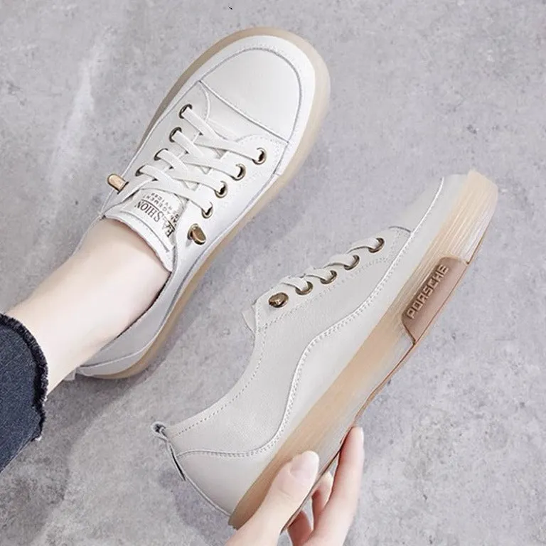 xakxx Top Layer Cowhide Gum-Rubber Outsole Flat Casual Women's Sports Casual White Women's Board Shoes